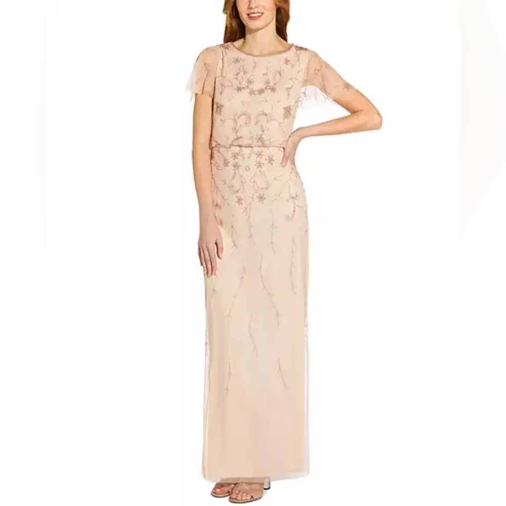 Adrianna Papell Studio Women's Pink Mesh Flutter Sleeve Beaded Gown